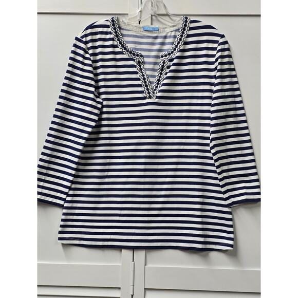 J MCLAUGHLIN Navy White Stripe Catalina Boca Tunic Top XLARGE 3/4 Sleeve - Picture 1 of 5